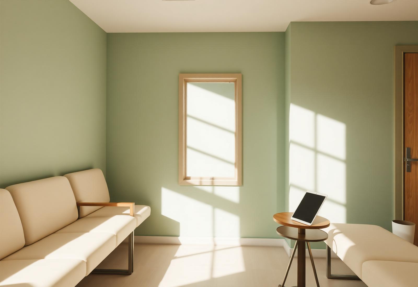 Calm waiting room with a Quietplay tablet on a side table